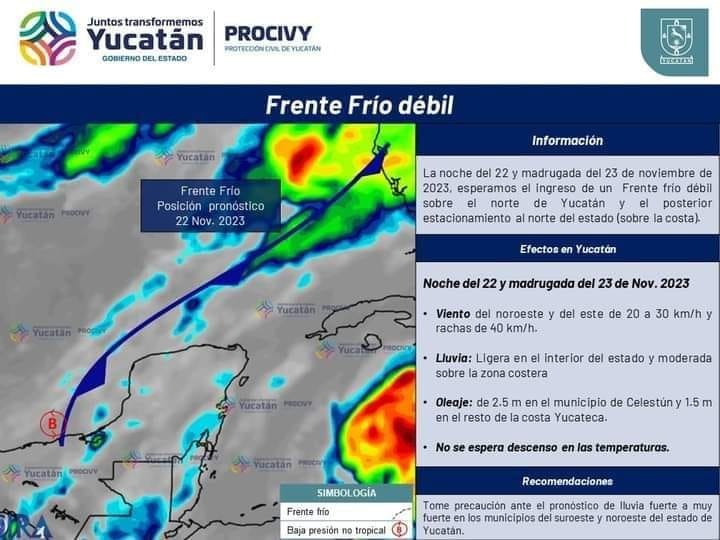 Nuevo Frente Frío llega a Yucatán lluvias ligeras y vientos fuertes