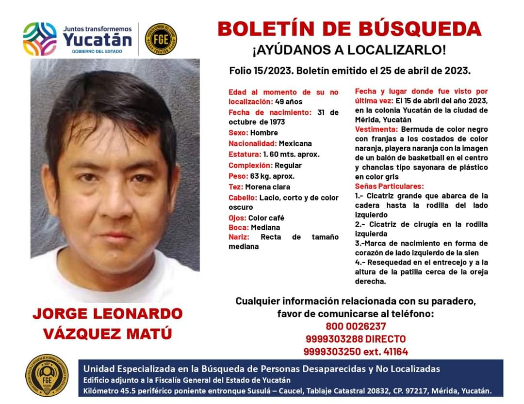 SE BUSCA JORGE LEONARDO VÁZQUEZ MATÚ